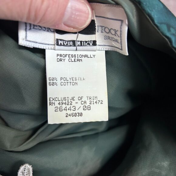 VTG 80s Jessica McClintock Green Brocade Lace Neck Formal Midi Dress Size 13/14 - Picture 11 of 14